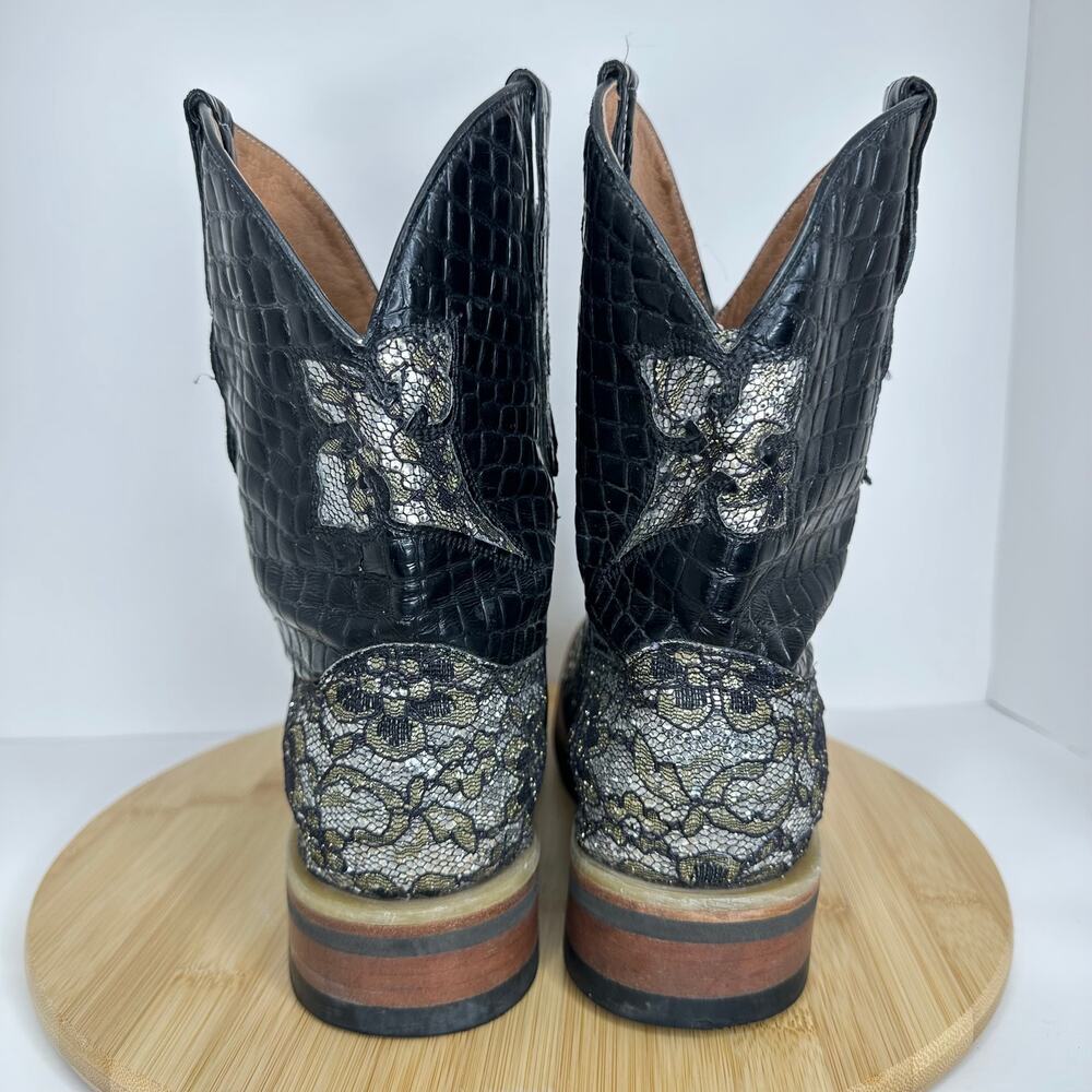 Ferrini Cowgirl Cool Floral Leather Boots Black Silver Size 8.5 - Picture 4 of 8